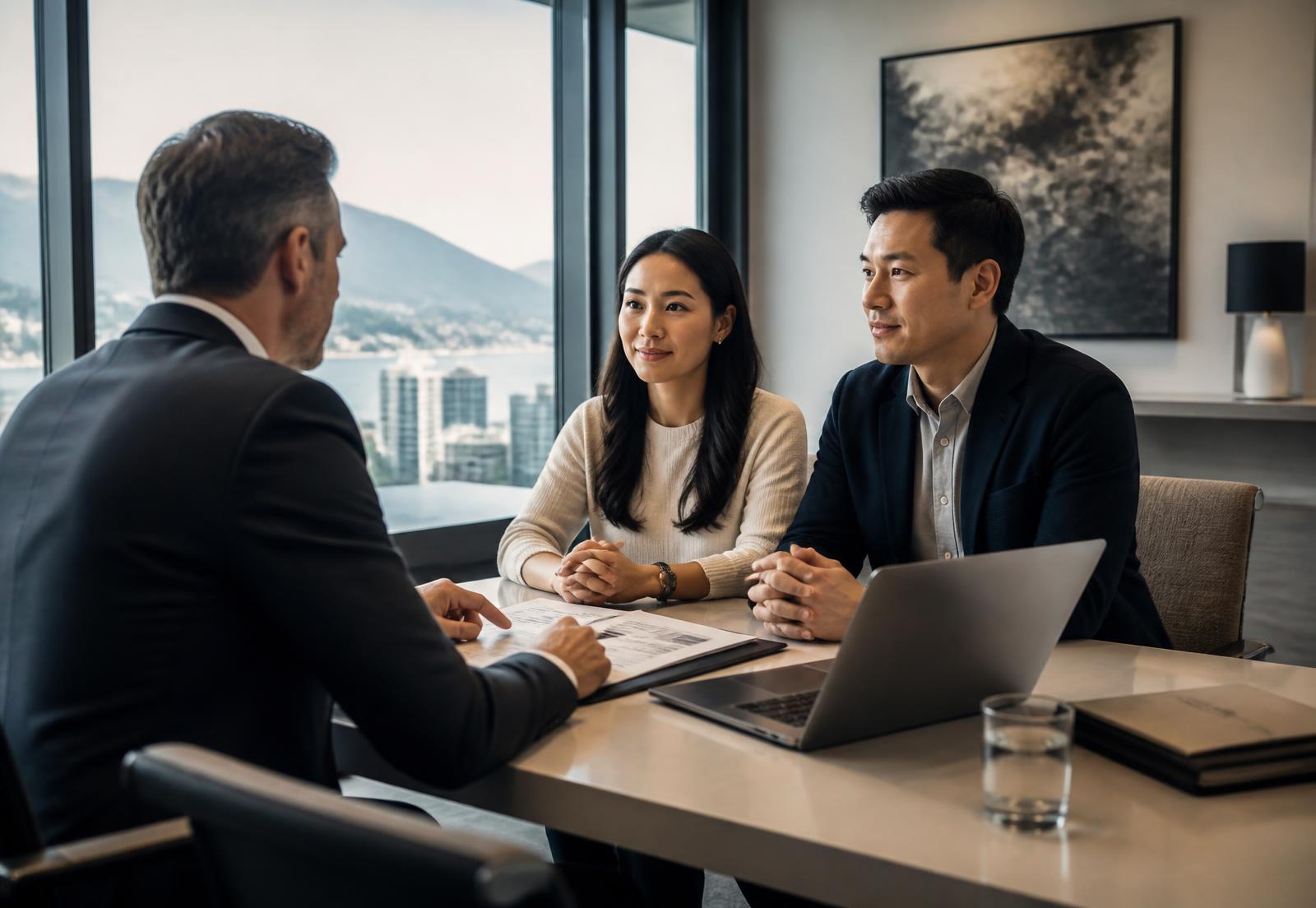 Licensed advisor reviewing a financial plan with a couple in a Vancouver office