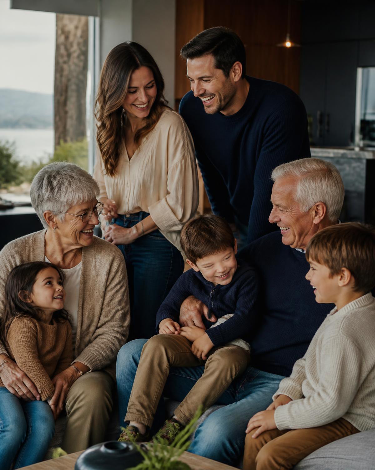 Multigenerational Canadian family together in a bright family home