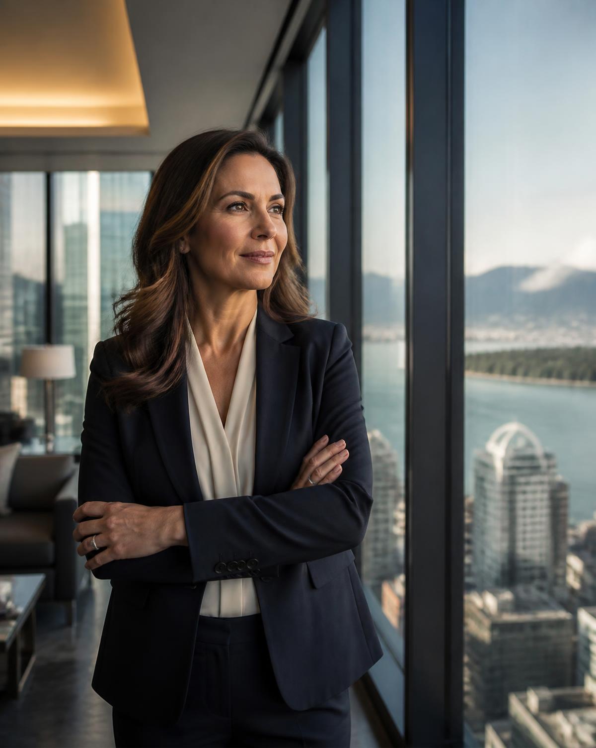Canadian professional looking out over a west-coast city skyline from her office
